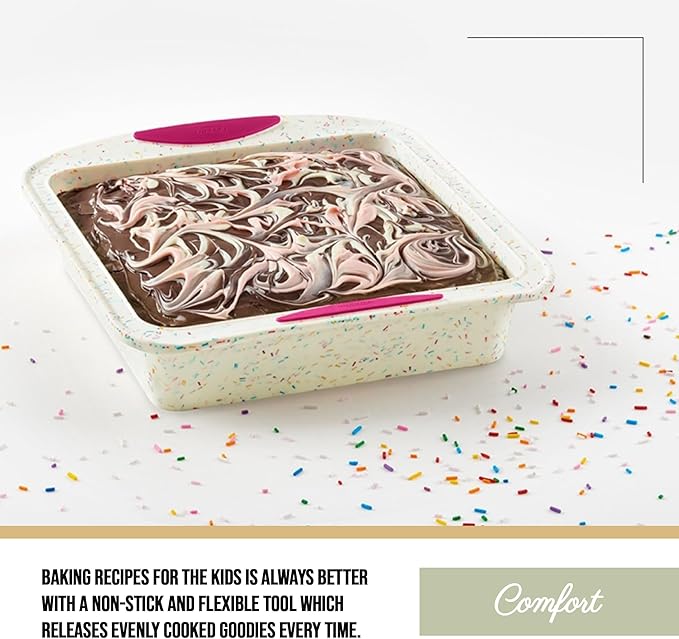 Trudeau 8x8in Confetti Silicone Cake Pan – Reinforced Hybrid of Flexible Silicone and Hard Lining for Shape Stability – Nonstick, BPA Free, Oven Safe to 428°F, and Dishwasher Safe