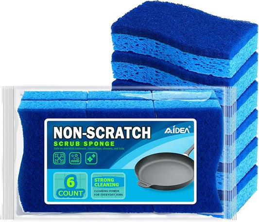 AIDEA Sponges Kitchen, Non Scratch Scrub Sponge, 6Count, Sponges for Non Stick Cookware, Cleaning Sponge for Dishes, Cleans Fast Without Scratching, Cleaning Power for Kitchen, Bathroom, Household