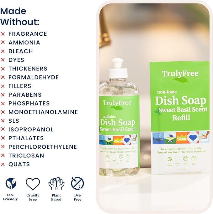 Natural Concentrated Dish Detergent Dishwashing Liquid | Plant-Based Dish Soap | Sweet Basil Fresh Scent | Pack of 3