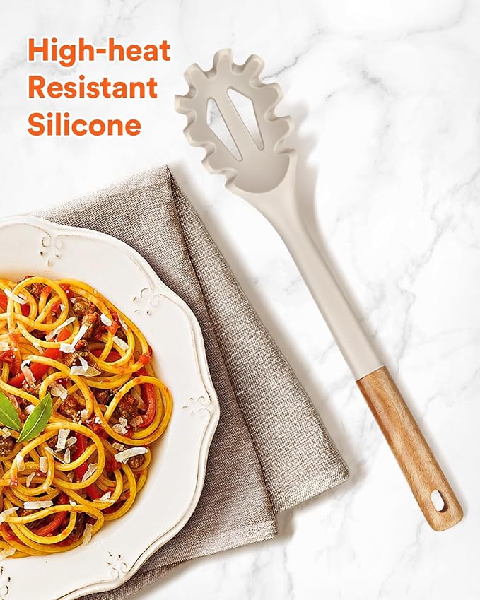 Silicone Pasta Fork, Kitchen Heat Resistant Noodle Spoon Server, BPA Free Spaghetti Strainer,12.8 inch (Khaki & Blue)