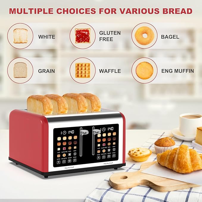 4 Slice Toaster Touch Screen, Stainless Steel Toasters Digital Timer, Dual Control Panel Toasters, 8 Shade Settings 6 Bread Types for Bagel, Cancel, Defrost 1650W Red