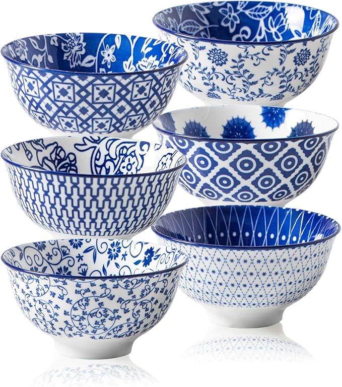 Ceramic Dessert Bowls Set - 12 Oz Small Cereal Bowls 4.75 Inch Ice Cream Bowl for Fruit, Snack, Dipping Sauce, Side Dishes - Microwave Dishwasher Safe - Set of 6 - Vintage Blue