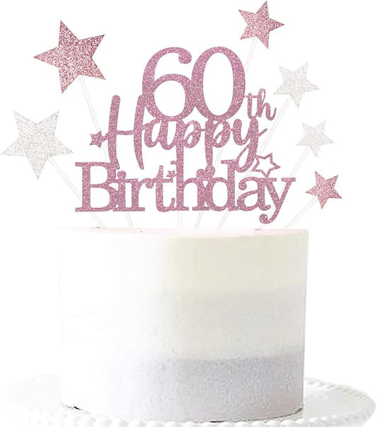 Glittery 60th Happy Birthday Cake Topper with Star,Personalised 60 Birthday Cake Toppers Party Decorations Party Supplies for Men Women Rose Gold