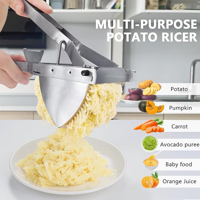 LHS Stainless Steel Potato Ricer and Masher, Heavy Duty Commercial Food Masher, Ergonomic Comfort Grip, Extra Large Capacity, Dishwasher Safe (Black)