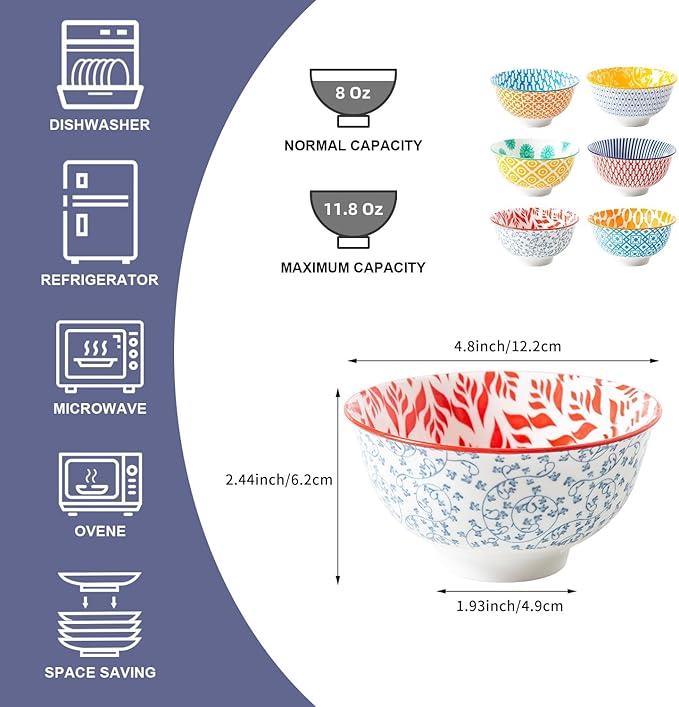 Ceramic Dessert Bowls Set - 12 Oz Small Cereal Bowls 4.75 Inch Ice Cream Bowl for Fruit, Snack, Side Dishes, Dipping Sauce - Microwave Dishwasher Safe - Set of 6 - Assorted Colors