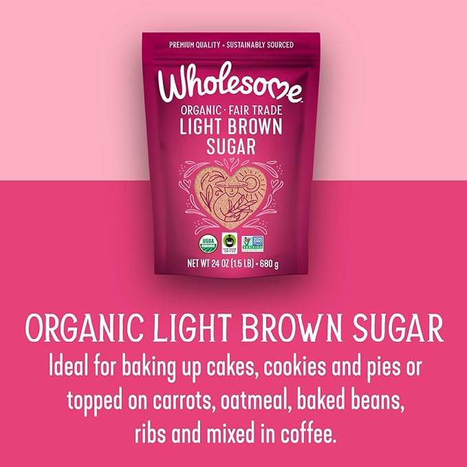 Wholesome Sweeteners 24-Ounce Organic Light Brown Sugar, Fair Trade, Non GMO, Gluten Free & Vegan, Sugar for Baking and Glazing, 1 Pack