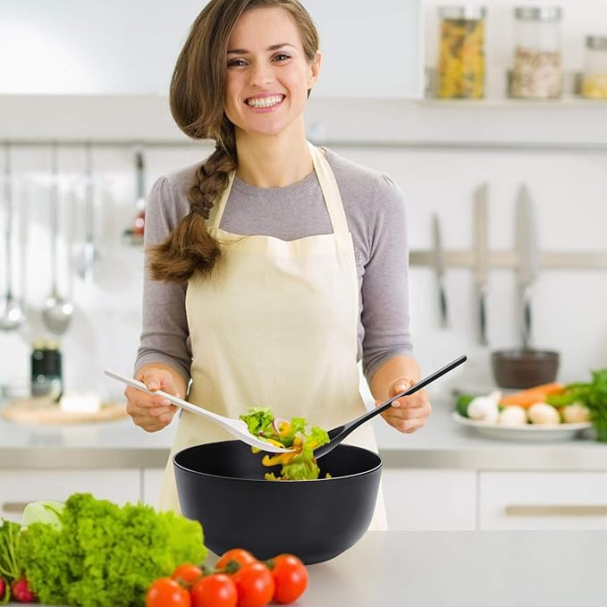 10" Large Salad Serving Bowl with Utensils in Lid, Bamboo Fiber Salad Bowl with Lid, Mixing Bowl with Servers set for Pasta,Fruit,Veggies,Popcorn to Replace Wooden Bowls - Matte Black