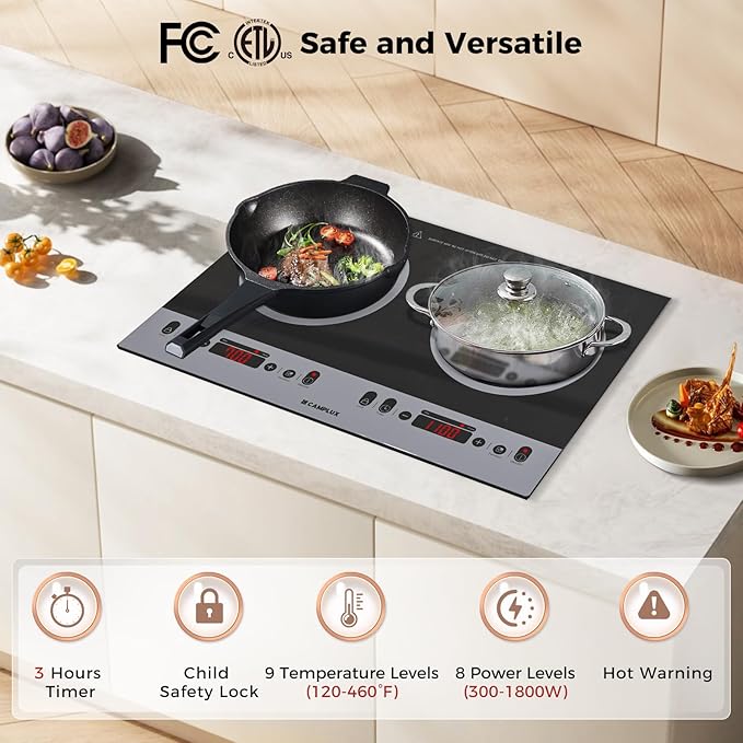 CAMPLUX RV Induction Cooktop 2 Burners 1800W, Electric Cooktop 120V Plug in, Portable Induction Stove with Sensor Touch, Timer, Safety Lock, Countertop/Built-in for RV, Mini Kitchen or Apartments