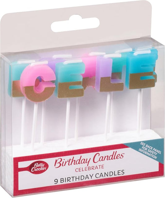 Betty Crocker Birthday Candle Cake Topper - 9 Colorful Candles to Spell Celebrate for Birthday Parties, Graduation Celebrations