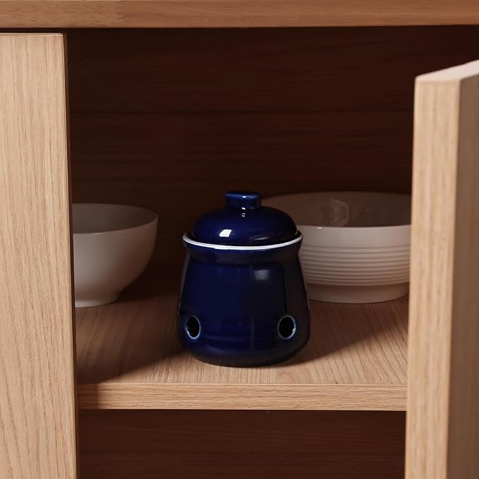 HAOTOP Ceramic Mini Garlic Keeper with Lid, Garlic Container Saver for Countertop, Keep Your Garlic Cloves Fresh (Navy)