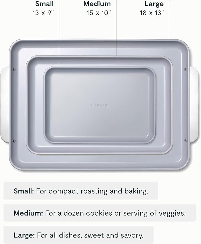 Caraway Non-Stick Ceramic Baking Sheet Trio - Naturally Slick Ceramic Coating - Non-Toxic, PTFE & PFOA Free - 18 x 13" Large, 15 x 10" Medium, & 9" x 13" Small - Sage