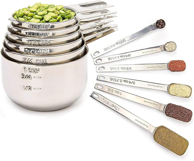 Simply Gourmet Measuring Cups and Spoons Set of 12 – 18/8 Stainless Steel Kitchen Gadgets – Stackable Design with Long Handle Spoons – Fits in Jars – Cooking & Baking Measuring Set for Dry & Liquid