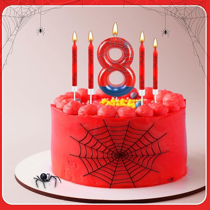 13 Pcs Spider Themed Birthday Candle Set Red Spider Theme Number 8 Candle Cake Topper for Boys Girls Birthday Decoration Spider Party Decoration Supplies (Number 8)