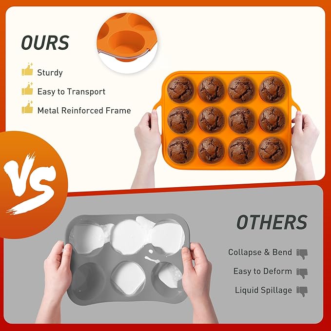 2 Packs 12 Cups Silicone Muffin Pan with Metal Reinforced Frame Regular Size Cupcake Pan Tray Egg Bites Silicone Cookie Molds Muffin Tin Tart Pans Baking Set for Easter Christmas holiday Cookie
