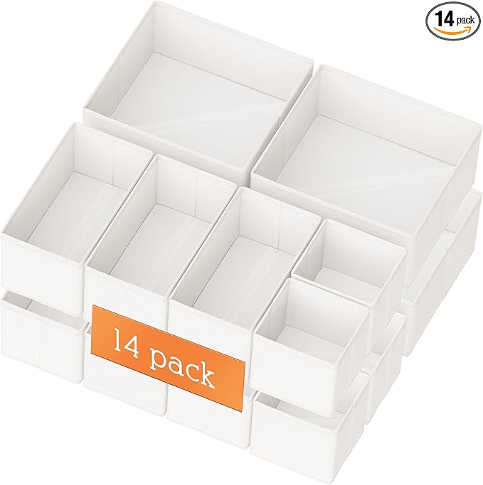 Criusia Drawer Organizer Clothes, 14 Pack Dresser Organizer for Baby Clothes, Underwear, Sock- Foldable Closet Organization and Storage Dividers Bins for Nursery, Bedroom and Dorm (White)