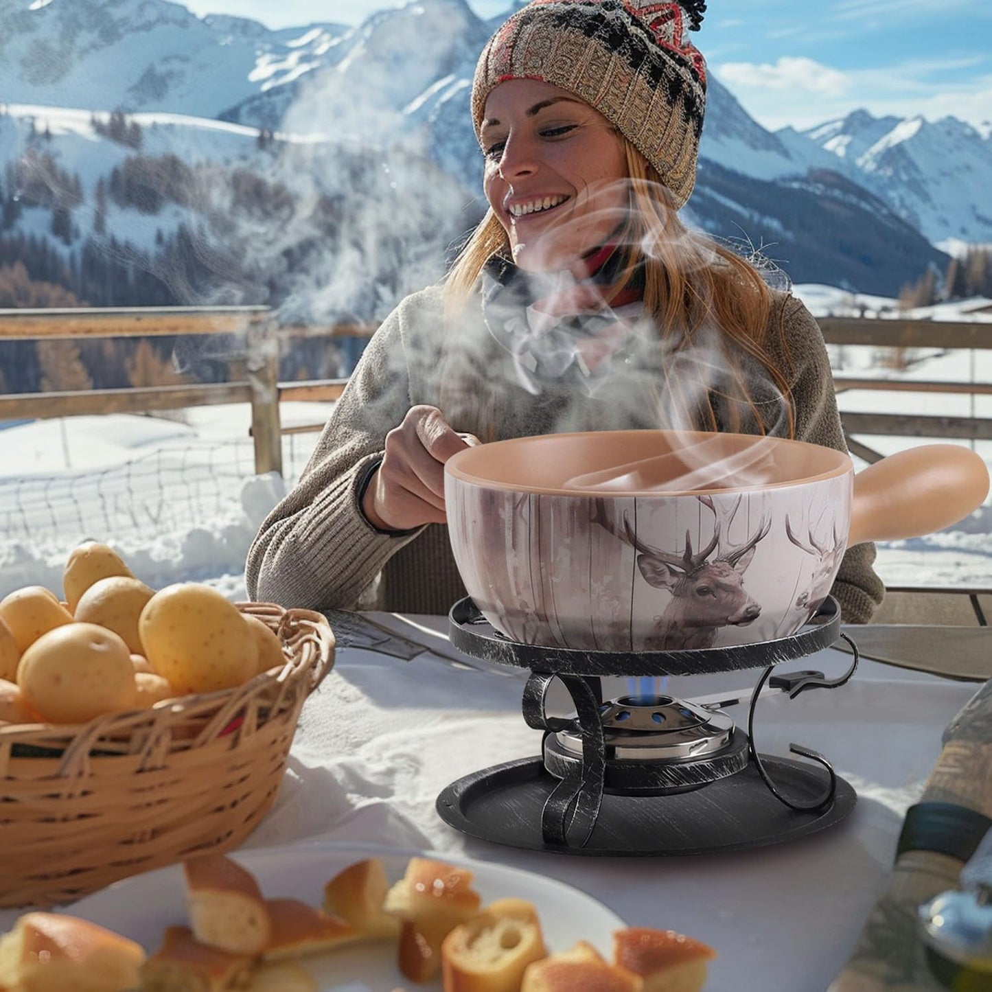 Artestia Swiss Fondue Set for Party - 2L Large Capacity Cheese Fondue Pot Melting Chocolate, Ceramic Fondue Pot, 6 Fondue Forks, Christmas, Wedding Gifts (Forest Duo)