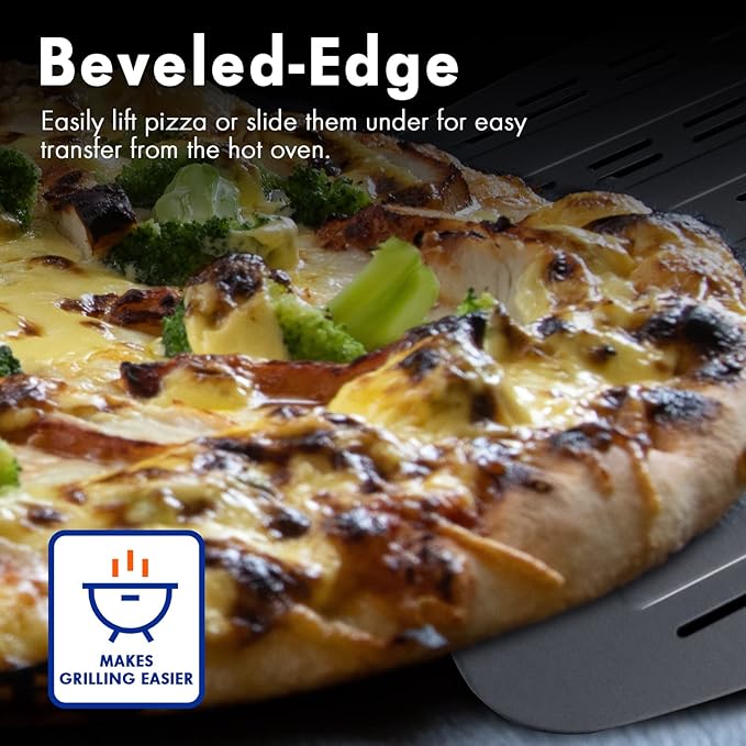 Professional Aluminum Pizza Paddle, 12 Inch Perforated, Restaurant Grade, Long Handle Non-Stick Metal Pizza Peel for Outdoor Oven