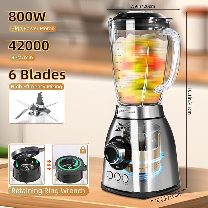 Uten 800 Watt Fast Countertop Blender for Smoothies and Shakes, Ground Coffee Beans, 60 Oz Glass Jar, 18 Speed Levels, 3 Programs Ice Crush, Smoothie, Pulse