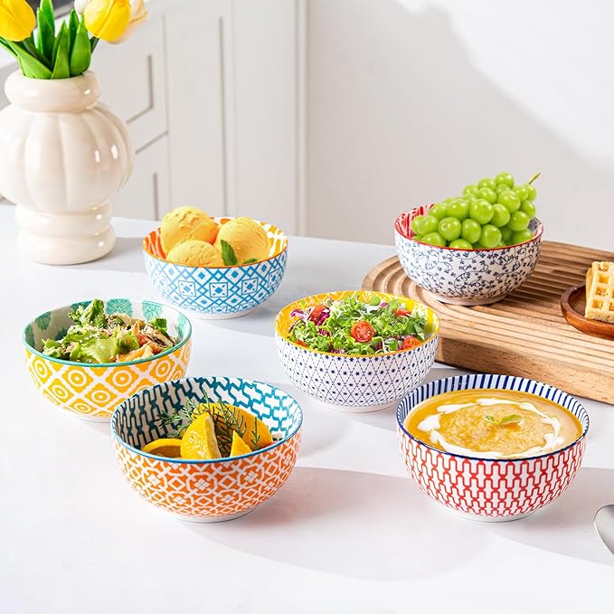 Ceramic Dessert Bowls Set - 11 Oz Porcelain Ice Cream Bowl for kitchen - 4.7 Inch Small Cereal Bowl for Salad, Fruits, Ramen - Microwave Dishwasher Safe - Set of 6 - Assorted Colors