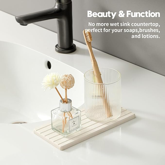 2 Pack Greige Bathroom Sink Vanity Trays, Diatomite Stone Kitchen Counter Caddy Dish Soap Dispenser Sponge Holder, Water Absorbing Mat Organizer for Plant,Cosmetic Bottle, Beige, 8"x3.8"