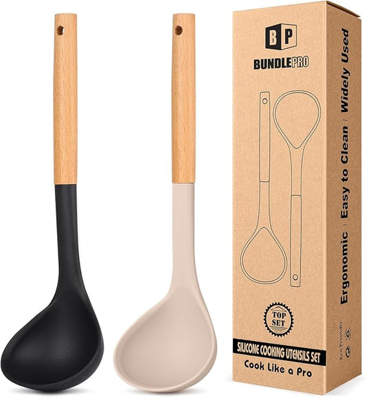 Pack of 2 Soup Ladle, Silicone Ladle Spoon with Wooden Handle, Large Non Stick High Heat Resistant Kitchen Utensils for Cooking, Stirring, Serving Soups(BLACK-KHAKI)