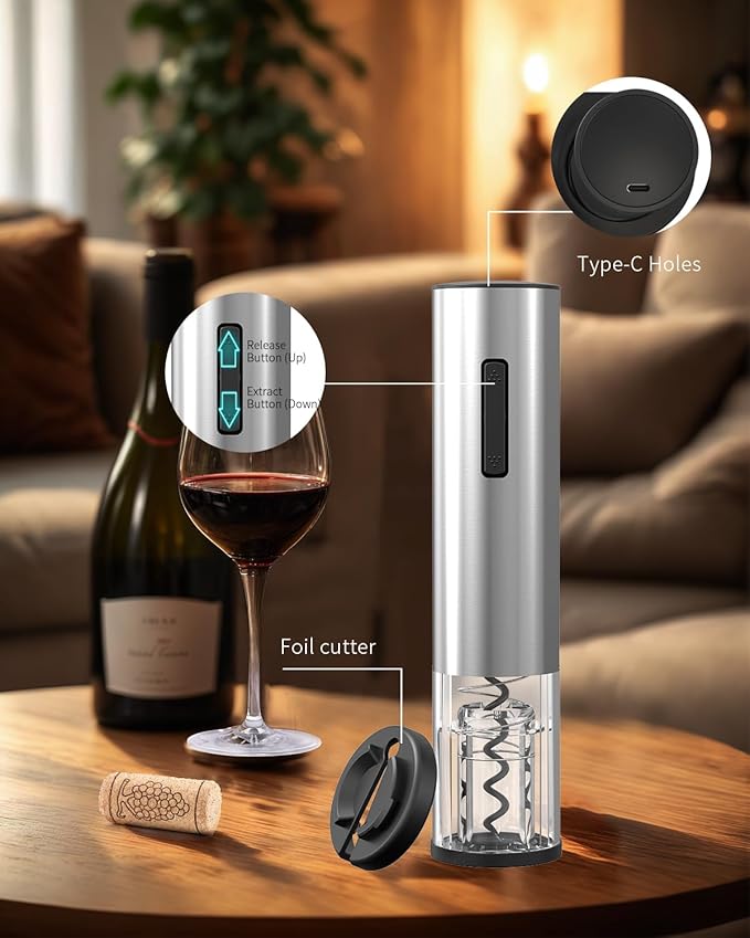 CIRCLE JOY Electric Wine Opener Rechargeable Stainless Steel Automatic Corkscrew Wine Bottle Opener with Foil Cutter, Blue Led Indicator and One-Click Button, Silver