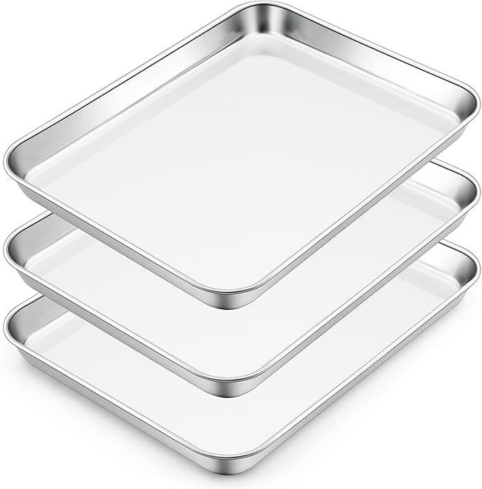 E-far Small Baking Sheet Set of 3, 10.5”x8.3” Stainless Steel Cookie Sheets Pans, Compact Non-toxic Metal Toaster Oven Trays for Cake, Healthy & Rust Free, Mirror Finish & Dishwasher Safe
