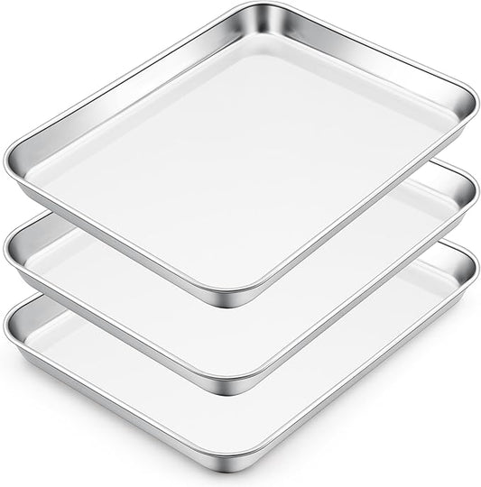 E-far Small Baking Sheet Set of 3, 10.5”x8.3” Stainless Steel Cookie Sheets Pans, Compact Non-toxic Metal Toaster Oven Trays for Cake, Healthy & Rust Free, Mirror Finish & Dishwasher Safe