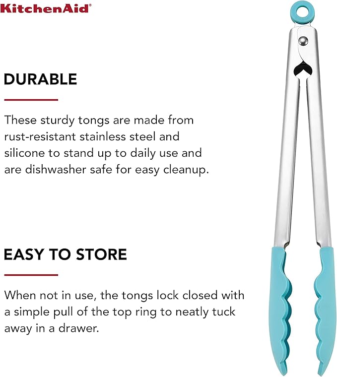 KitchenAid Silicone Tipped Stainless Steel Tongs, 12 Inch, Aqua Sky
