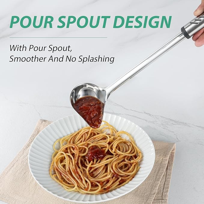 Gravy Ladle, 1 oz Small Ladles for Serving Sauce, Stainless Steel Sauce Ladle with Pouring Spout, 13.4 inch Drizzle Spoon for Gravies and Dressings, Durable Construction, Silver, KLB-ASB-123