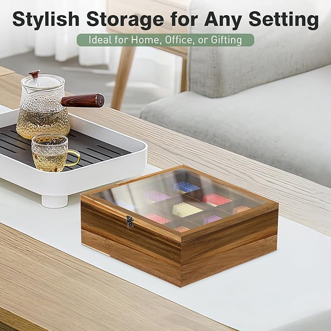 Acacia Wood Tea Bag Organizer Tea Storage Box with Clear Acrylic Top Window & 9 Compartments Tea Bag Holder for Home Office Gift (Acacia)