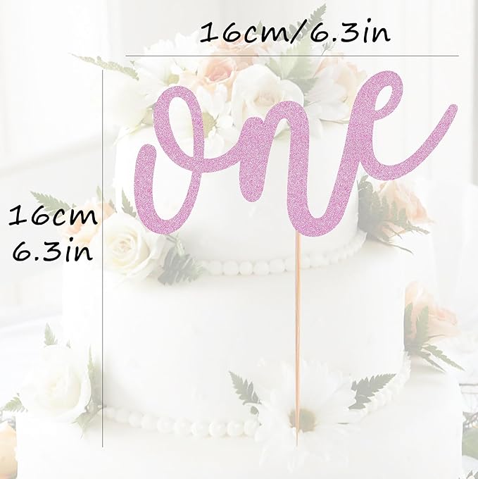 First Birthday Cake Topper - Pink Glitter One Cake Decorating Supplies for Girls and Boys, Perfect for Baby Shower/Gender Revealing Party/Baby Party Photo Booth Props