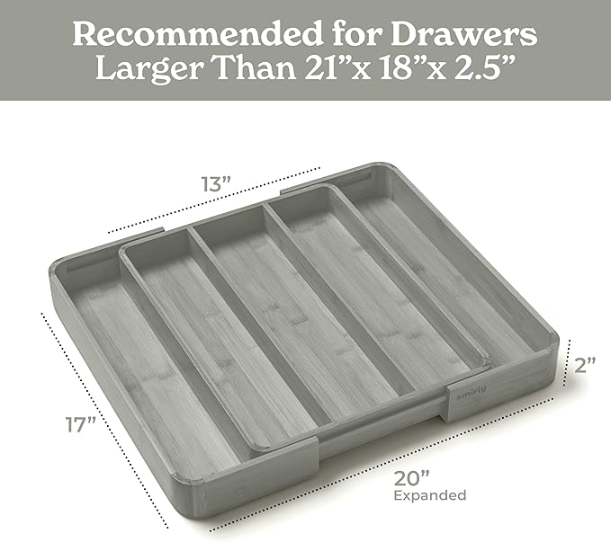 SMIRLY Silverware Drawer Organizer – Bamboo Kitchen Drawer Organizer, Adjustable Utensil Holder and Cutlery Tray, Drawer Dividers for Flatware and Kitchen Utensils