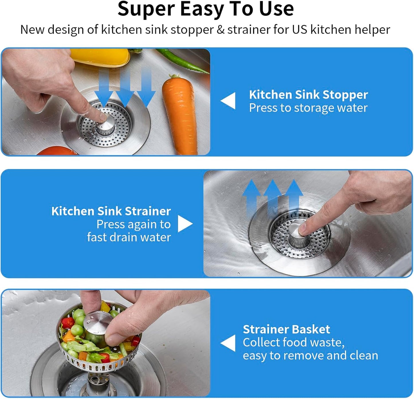 Upgraded 3 in 1 Kitchen Sink Drain Strainer - Stainless Steel Sink Stopper, Anti-Clogging Sink Food Catcher Basket, Fast Drainage Odor Filter Sink Plug for US Standard 3 1/2 inch Drain (Silver-1Pack)