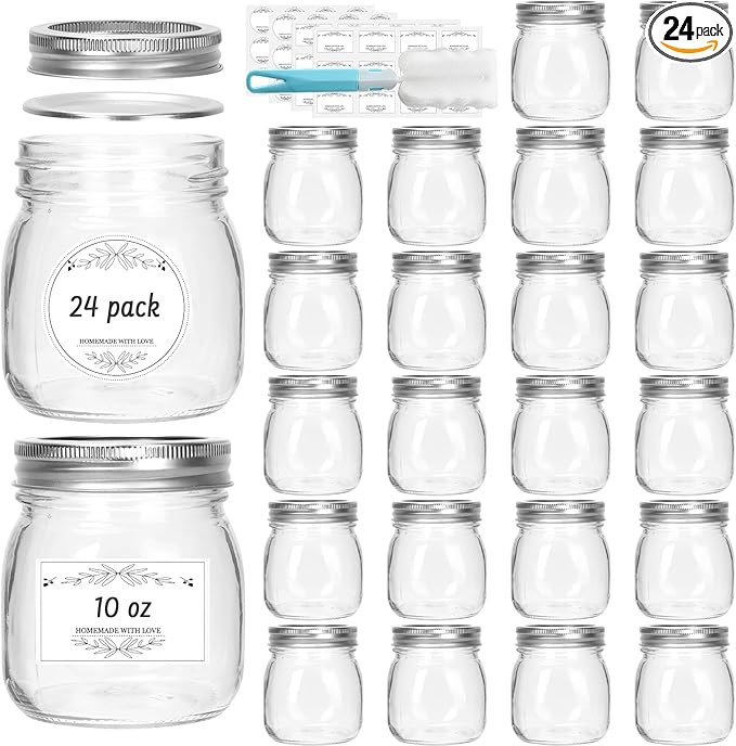 10 oz Glass Mason Jars, 24 Pack Regular Mouth Glass Canning Jars with Silver Aluminum Lids and Bands, Airtight Jam Jars for Food Storage, Pickling, Fermenting, Honey, Jelly, DIY Candles Decor