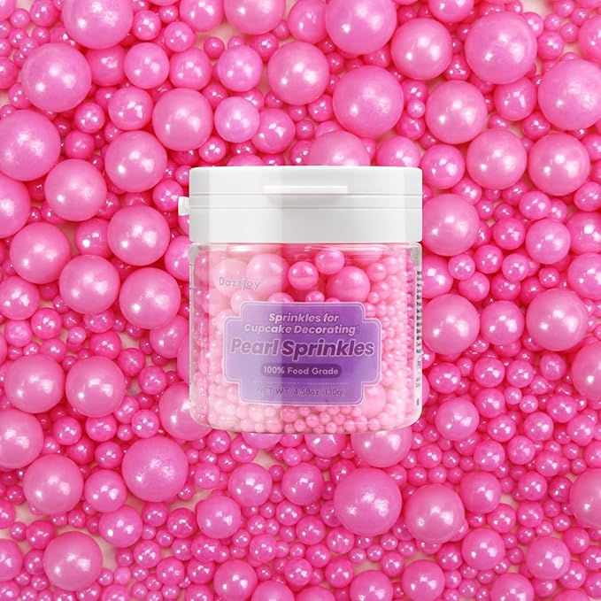 Dazzjoy Edible Hot Pink Pearl Sprinkles, Edible Sugar Candy, 130g/4.58oz, Pink Ball Pearls for Cake Decorating, Cupcake Toppers