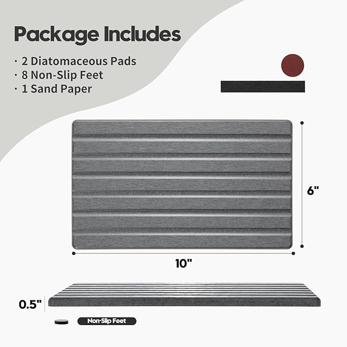 2PCS Water Absorbing Stone Drying Tray Mat for Bathroom Sink & Kitchen Counter Organizer, Quick Dry Dish Soap Dispenser Sponge Holder, Vanity Sink Caddy, Coaster, Dark Gray - 10" x 6"