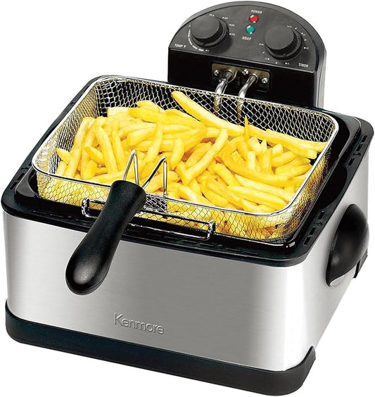 Kenmore Electric Deep Fryer - Grease & Odor Filtration, Simple Temperature Control, Eléctrica Freidoras For Home Use, 3 Baskets For Frying French Fries, Chicken Wing, 4 Liter Capacity Stainless Steel