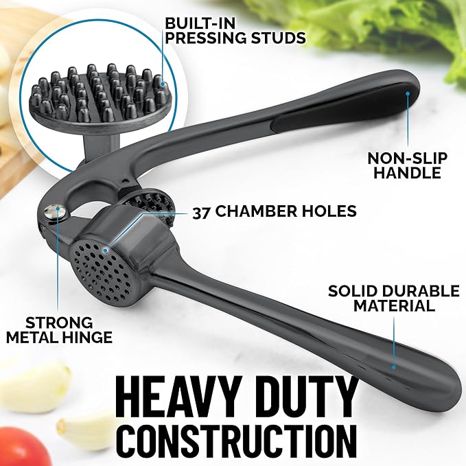 Zulay Kitchen Premium Garlic Press Set - Rust Proof & Dishwasher Safe Professional Garlic Mincer Tool - Easy-Squeeze, Easy-Clean with Soft, Ergonomic Handle - Silicone Garlic Peeler & Brush-Dark Gray