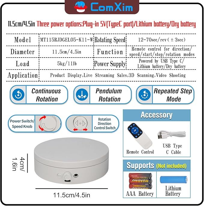Motorized Rotating Display Stand with Remote, 4.53in 360 Electric Turntable for Display,Photography,3D Scanner Models, Motorized Lazy Susan and Photography Turntable Control Angle/Speed,Step/Swing/Continuous Rotation