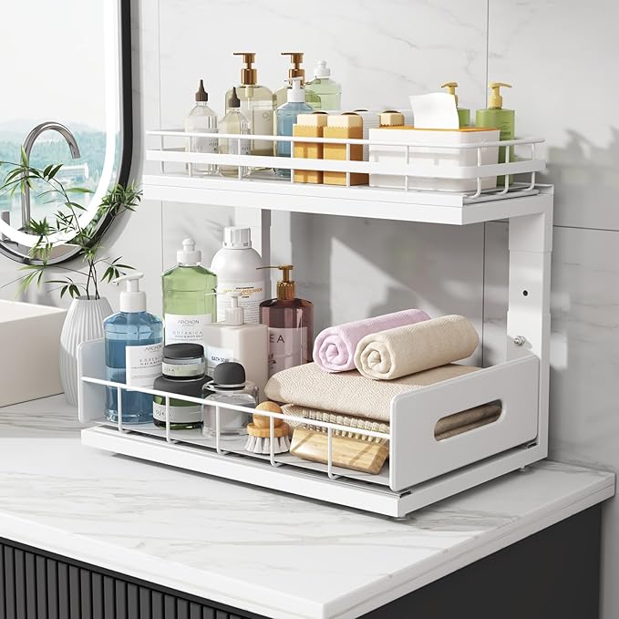 2 Pack Under Sink Organizer with Smooth Ball Bearing Slides, 2-Tier Pull Out Cabinet Storage, Slide Out Drawers for Bathroom and Kitchen, Under Sink Shelf, Rust-resistant Coating, Height Adjustable