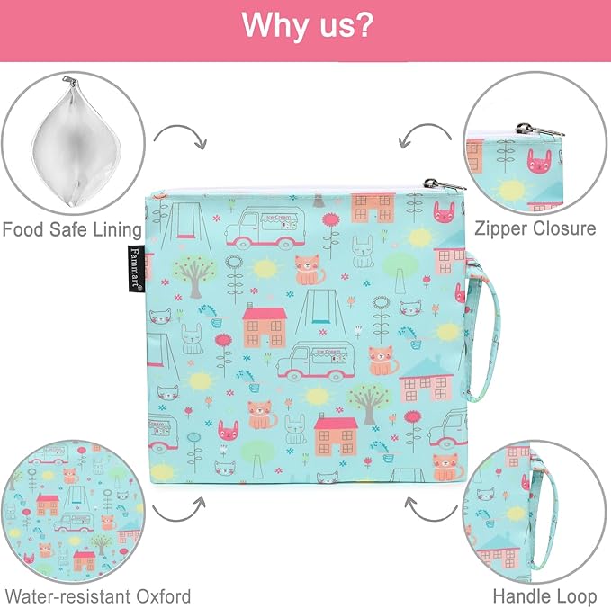Reusable Sandwich Bag/Snack Bag for Kids & Adults, Dual Layer Lunch Bag with Handle, Washable, Food Safe, BPA Free (2-Pack, Colorful Cat)