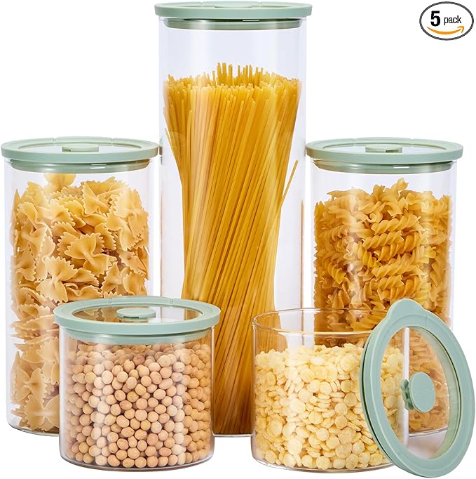 Glass Food Storage Jars with Lids[Set of 5], Perfect for Pasta, Cookies, Nuts, Coffee, Cereal, Flour, and More, Organize Your Kitchen with these BPA-Free Glass Jars with Silicone Lids