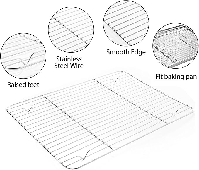 Stainless Steel Baking Sheet Tray Cooling Rack with Silicone Baking Mat Set, Cookie Pan with Cooling Rack, Set of 6 (2 Sheets + 2 Racks + 2 Mats), Size 16 x 12 x 1 Inch, Easy Clean