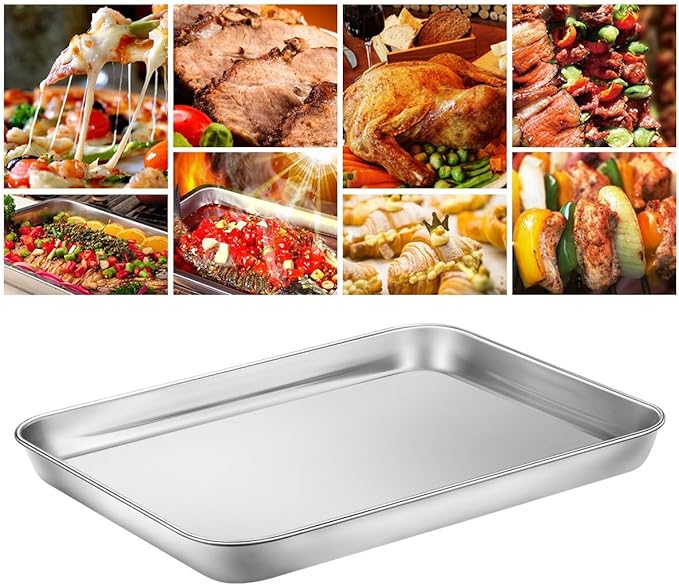 Baking & Cookie Sheets Set of 4, Yododo Stainless Steel Compact Toaster Oven Pan Tray Ovenware Professional, Size 10.23 x 8.26 x 1 inch, Heavy Duty, Deep Edge, Superior Mirror Finish, Dishwasher Safe