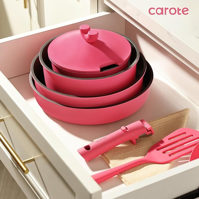 CAROTE 24pcs Pots and Pans Set Non Stick, Nonstick Cookware Set, Oven/Dishwasher/Fridge Safe Pots and Pans, RV Safe Cookware, Induction Kitchen Gift Set Detachable Handle, Pink
