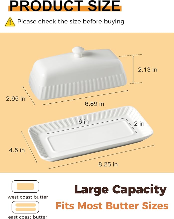 Ceramic Butter Dish with Lid, White Butter Holder Container with Porcelain Cover Knob Handle, Butter Dishes for Countertop Refrigerator, Perfect for East West Coast Butter Storage, Striped