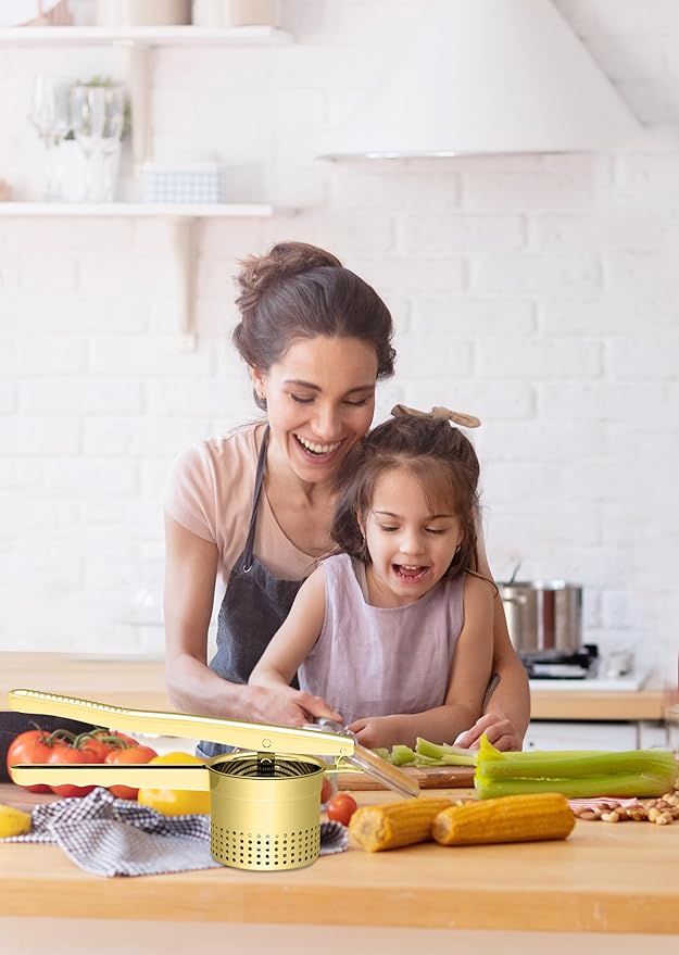 Large 15oz Potato Ricer Masher, Heavy Duty Stainless Steel Potato Masher with Ergonomic Handle, Masher and Ricer Kitchen Tool for Mashed Potatoes, Noodle Maker, Gold