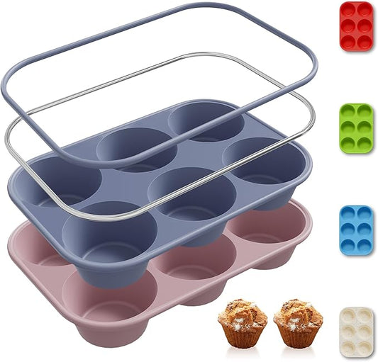 2 Pack 6 Cups Jumbo Muffin Pan with Metal Reinforced Frame Silicone Molds Egg Bites Silicone Circle Cookie Molds Extra Large Muffin Tin Jumbo Tart Pans Baking Sheet Set for Sandwiches