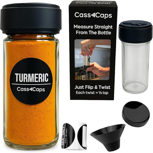 Glass Spice Jars & Measuring Cap Set - Twist to Dispense 1/4 Tsp Per Turn for Precise Cooking - Spice Jars with Lids Keep Kitchen Organized & Tidy - Enjoy Round Spice Jar Without Mess -1 Pack